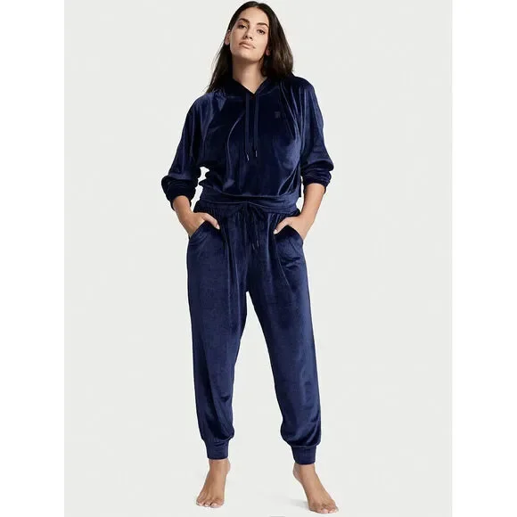 Victoria's Secret S,M,L TRACKSUIT SET Hoodie jogger pants NAVY BLUE VELOUR rib - Picture 4 of 6